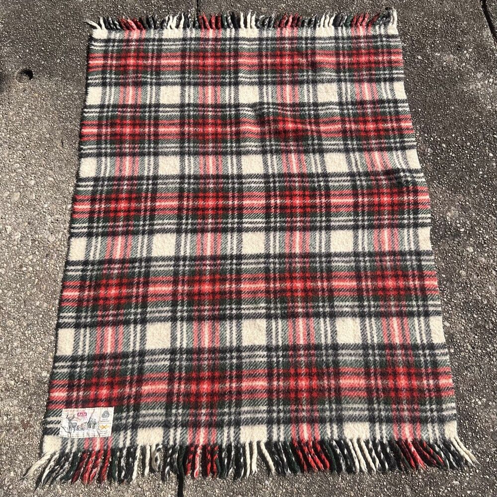 Vtg AaBe Wool Blanket Throw Tartan Plaid Red White Black Multicolor Fringe 35x49